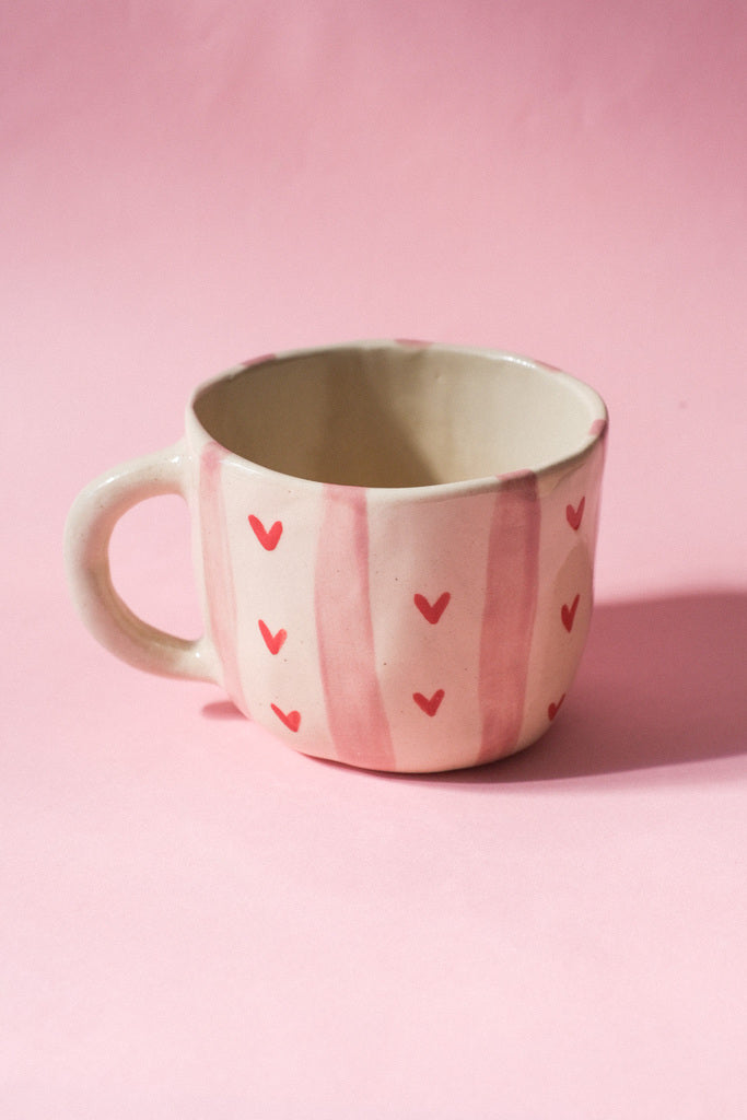Mug Rayures Roses & Cœurs Rouges