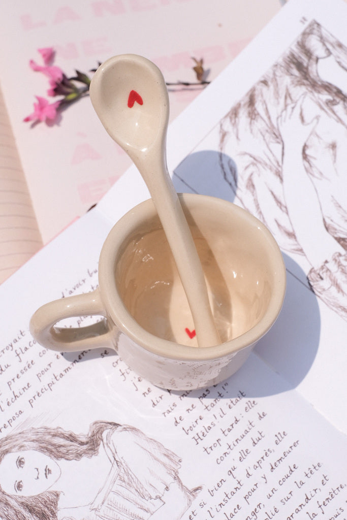 Duo tasse expresso & cuillère - motif petit cœur