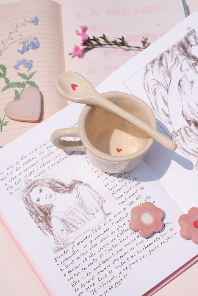 Duo tasse expresso & cuillère - motif petit cœur