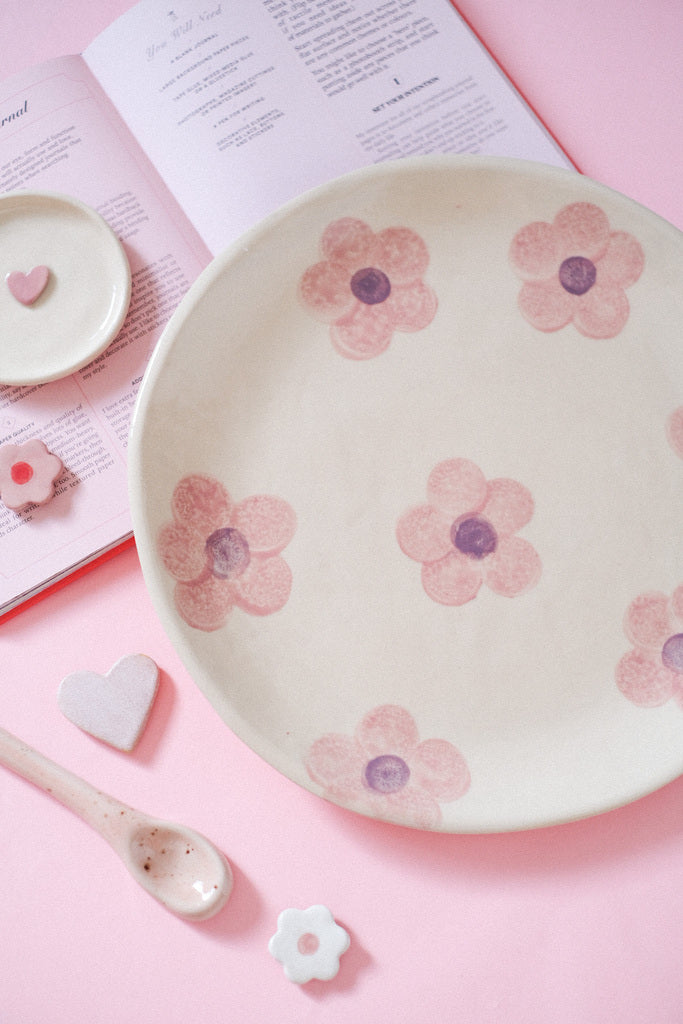 Grand plat céramique décor floral pastel