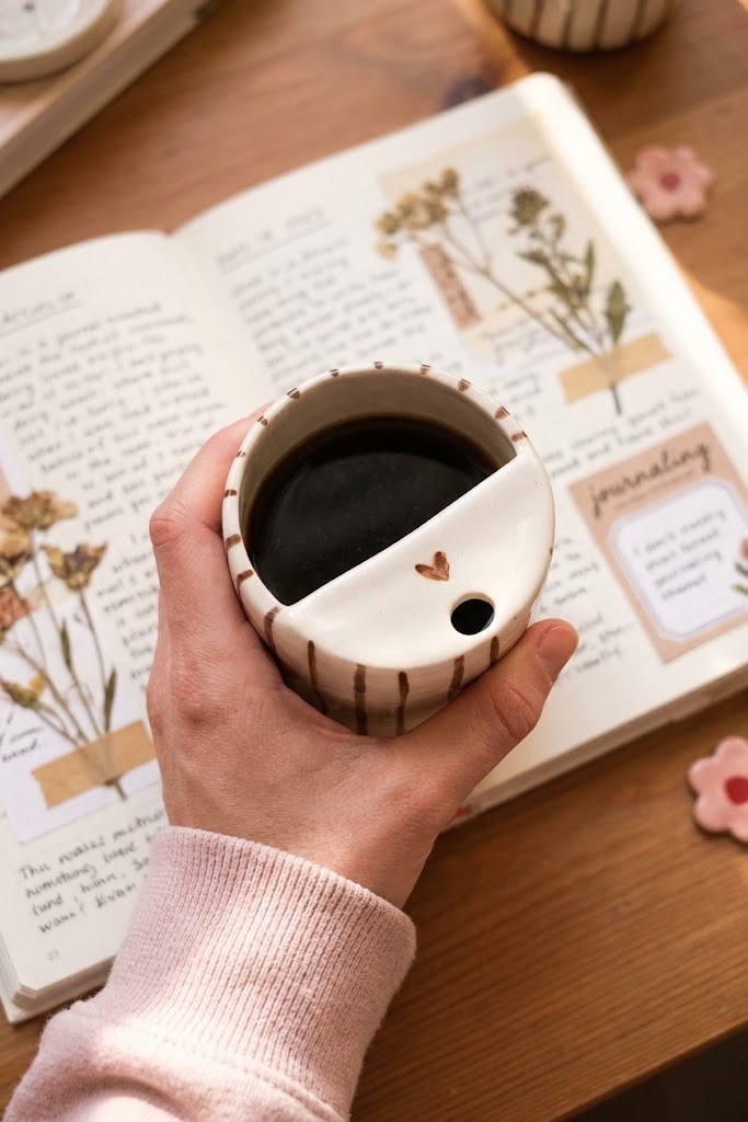 Travel mug en céramique, rayures marron